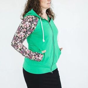 7degrees Green Zip Up Hoodie with Floral Sleeves (out of print)